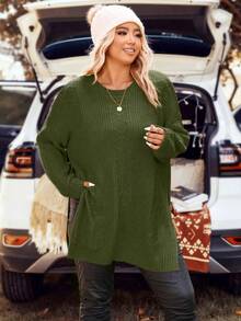 SHEIN LUNE Sweater Pullover Kasual Wanita Ukuran Besar dengan Kerah Bulat dan Belahan Samping, Musim Gugur/Dingin - Hijau Tentara - View 5
