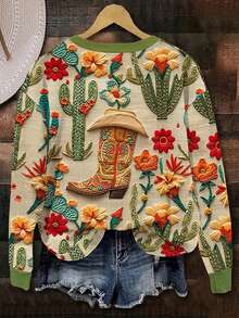 EMERY ROSE Giày bốt cao bồi cổ điển lấy cảm hứng từ miền Tây với họa tiết xương rồng hoa 3D. Áo nỉ cổ tròn dành cho nữ, hoàn hảo cho việc đi làm hàng ngày, hẹn hò hoặc đi mua sắm. Áo nỉ ấm áp và thoải mái cho mùa thu và mùa đông. - Nhiều màu - Xem 2