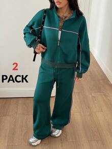 Coolane Women 2pcs Set Zip Front Long Sleeve Hoodie And Drawstring Waist Pants Casual Suit - Green - View 3