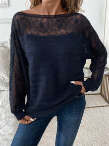 Reflora Women's Lace Trim Patchwork Pullover Sweater/Winter Fall - Navy Blue - View 5