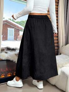 SHEIN EZwear 大码休闲纯色高腰A字裙 - 黑色 - 查看 2