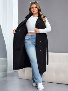 SHEIN CURVE+ Plus Size Women Black Casual Trench Coat/Winter - Black - View 10