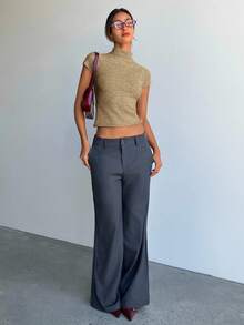 Aloruh Women's Autumn/Winter Short Sleeve Turtleneck Cap Sleeve Slim Fit Thin Fleece Knit Sweater - Camel - View 4