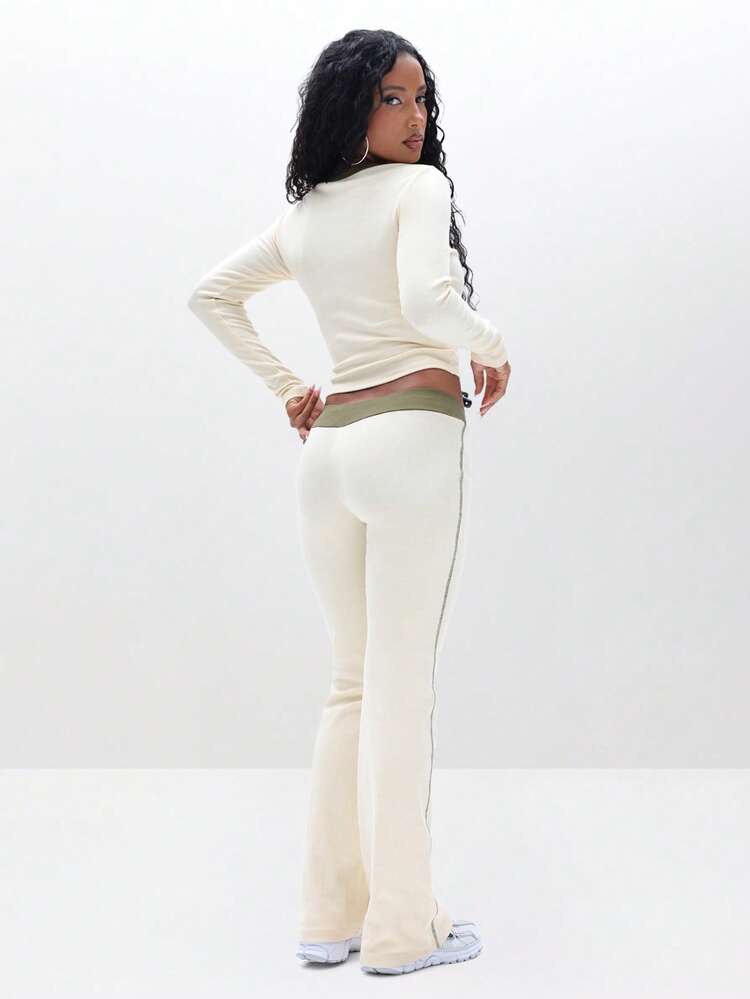 BABYPHAT Ribbed Henley Top With Contrast Trim Button Front Long Sleeve Fall Winter Casual