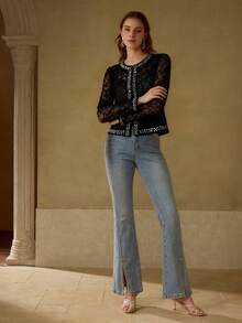 MOTF PREMIUM ELEGANTER 3D BLUMEN SPITZEN KONTRAST PAILLETTEN LEICHTER BLAZER