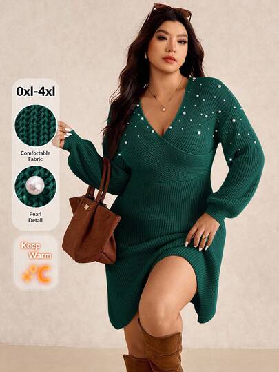 Elaquor Plus Size Elegant Urban Chic Minimalist Criss-Cross Pearl Decor Casual Dress For Women, Autumn/Winter Green
