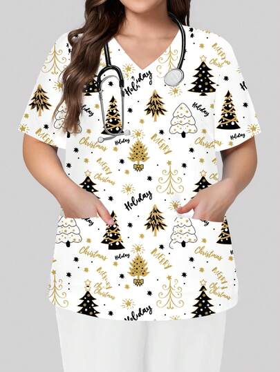 PopScrub 加大码圣诞白色V领短袖双口袋侧开衩可爱圣诞树、星星、雪花、卡通印花护士/医生工作服上衣/健康检查手术服/纯色宠物美容工作服上衣/营养师工作服短袖/多口袋功能性实验室工作服，功能性女士节日圣诞衬衫，圣诞装饰，可爱，欢乐