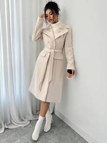 Elenzga Abrigo elegante de doble botonadura con cinturón, manga larga, cuello con solapa y decoración de aplicaciones para mujer, para otoño/invierno