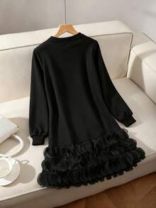 Franclia Vestito felpa da donna taglie forti, manica lunga, stile autunno/inverno, vestibilità morbida, elegante patchwork con volant sul fondo, collo tondo