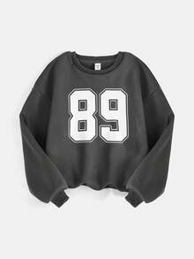 SHEIN Girlism Tween Girls Casual School Street Fashion Letter & Number Graphic Crew Neck Sweatshirt And Pleated Wide Leg Straight Pants Knit Tracksuit Back To School Outfit 90s Kids Outfit Outfit Set 90s Clothes Girls Outfit Sets Baggy - Dark Grey - View 7