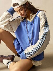 Bohemela Casual Patchwork V-Neck Long Sleeve Loose Washed Women Sweatshirt Blue - Blue - View 1