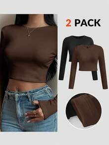 SHEIN BASICS 两件装纯色针织圆领长袖修身短款T恤，女士款，升级保暖面料，带保暖内衬但不臃肿，基础款弹力百搭秋冬女装上衣 - 棕色 - 查看 6