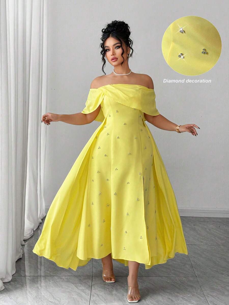 SHEIN PETITE CURVE Plus Size Women's Elegant Modest Formal Butter Yellow Summer Off-Shoulder Poncho Maxi Dress,High Slit Fishtail Hem Party Teacher Outfit - Yellow - View 1