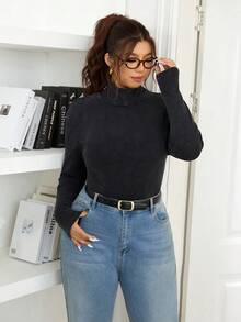 Lounesse Plus Size Women High Neck Casual Long Sleeve T-Shirt, Washed Plus Size Tee For Daily Wear And Commuting Office Work - Black - View 5