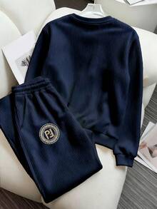 Resyla 2 件字母刺绣时尚简约灯芯绒套装，送给朋友的礼物 - 藏蓝色 - 查看 2