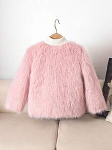 Elladie kids Girls Casual Fluffy Faux Fur Loose Cardigan Jacket, Chic & Elegant Urban Style For Winter - Pink - View 2