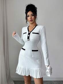 Elenzga New Women's Knitted Tweed Elastic Fabric V-Neck Color Block Fitted Casual Everyday Versatile Elegant Young Lady Short Dress, Autumn/Winter