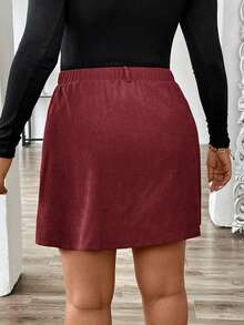 SHEIN LUNE Plus Size Solid Color Corduroy Casual Versatile Skirt With Belt Loop And Button Decor - Red Violet - View 2
