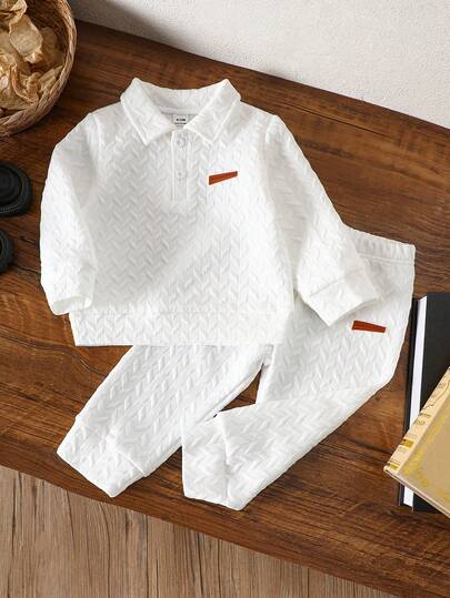 2pcs/Set Infant Boys' Jacquard Textured Fabric Long Sleeve Polo Shirt And Elastic Waist Pants With Leather Label, Suitable For Casual Daily Wear, School, Holidays, Parties, Outdoor Activities, 6M-3T, Children's Outfit, Toddler Clothing, Baby Clothes Baby Boys White Outfit Set Baby Casual Sets