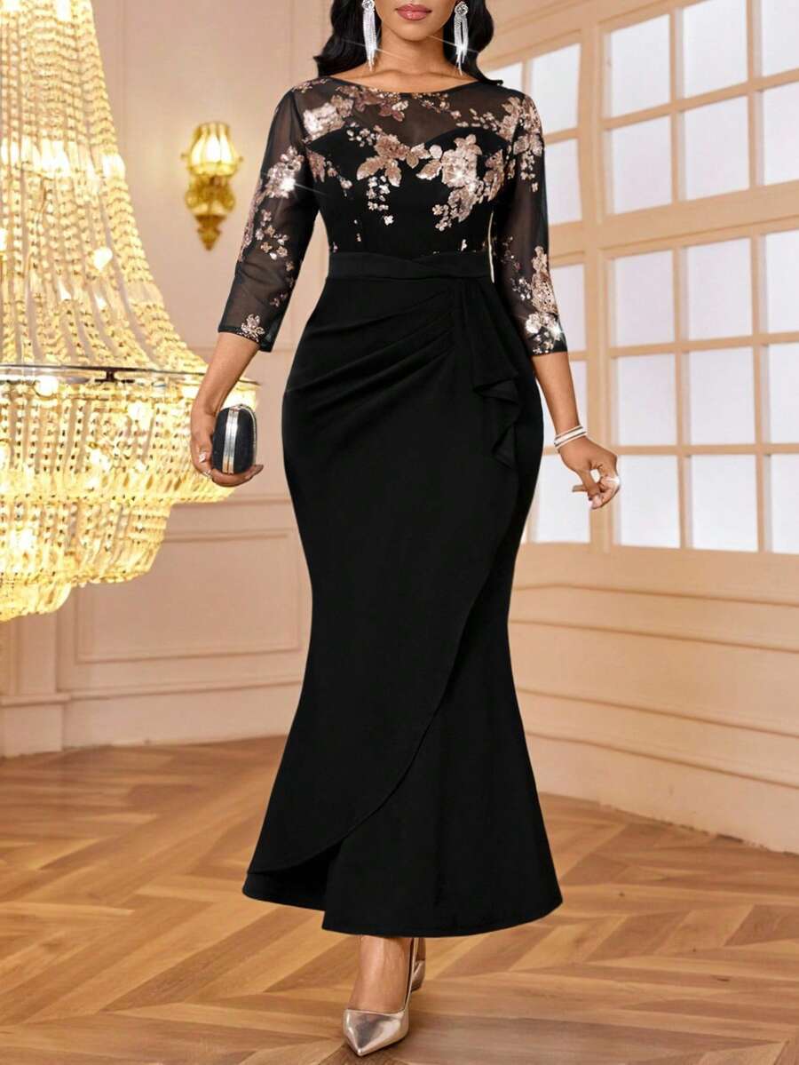 SHEIN Lady Women's Elegant Party Sequin 3/4 Sleeve Dress - Multicolor - View 1
