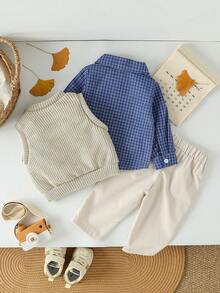 Souflis Souflis Baby Jungen College Stil Langarmhemd, Kontrastfarbene Hose, Gestrickter Weste mit Pony Stickerei komplettes Outfit Set, geeignet für Herbst/Winter, Alltag, Urlaub, Party, Schule, Park