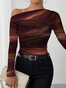 Elenzga 25-30+ Casual Autumn Tie Dye Print Ruffle Shoulder Long Sleeve Elegant Women T-Shirt - Orange - View 5