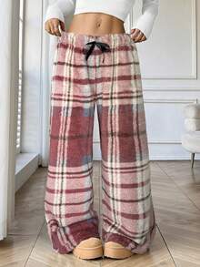 SHEIN EZwear Quần vải nỉ san hô kẻ caro cỡ lớn, thường ngày, thu/đông - Màu Khaki - Xem 5