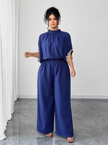 Elenzga Plus Size Women's New Fashionable Elegant Long Sleeve Gold Lace Collar Tie-Back Bow Elastic Waist Loose Wide Leg Jumpsuit, Suitable For Dates, Vacations, Holidays, Parties, Business Events, Elegant Romantic Christmas, Autumn