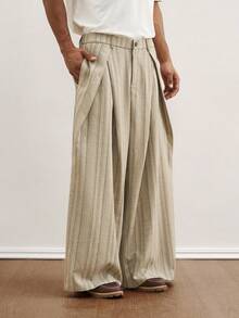 TOKVUE 男士休闲日常条纹宽松褶皱阔腿裤 - 卡其色 - 查看 5