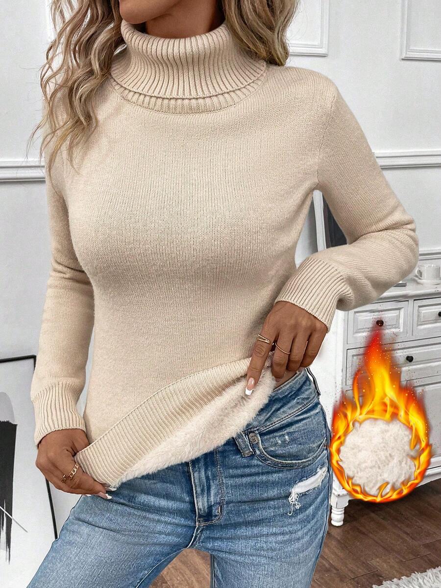 EMERY ROSE Women's Solid Color Minimalist Turtleneck Warm Long Sleeve Sweater, Everyday Wear - Beige - View 1