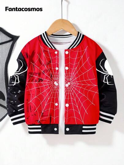 1pc Young Boy Casual Spider Print Long Sleeve Jacket, Suitable For Holiday, Vacation, Travel, Relaxation, Sunbathing, Campus, Summer,Halloween Fall Winter