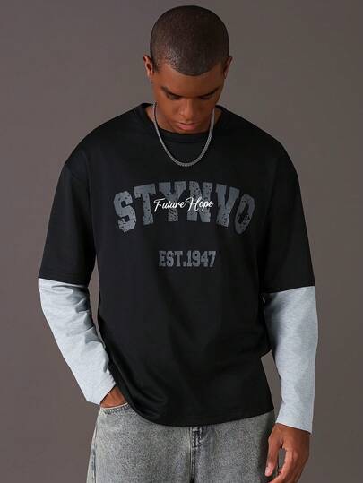 STYNVO Men's Casual 2 In 1 Printed Round Neck T-Shirt, Long Sleeve Top