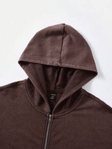 ROMWE MEN Casual 男士复古水洗宽松金属拉链连帽卫衣，长袖上衣 - 咖啡棕 - 查看 3