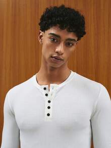 TOKVUE 男士纯色简约休闲长袖亨利领打底白色T恤，适合秋冬季穿着 - 白色 - 查看 4