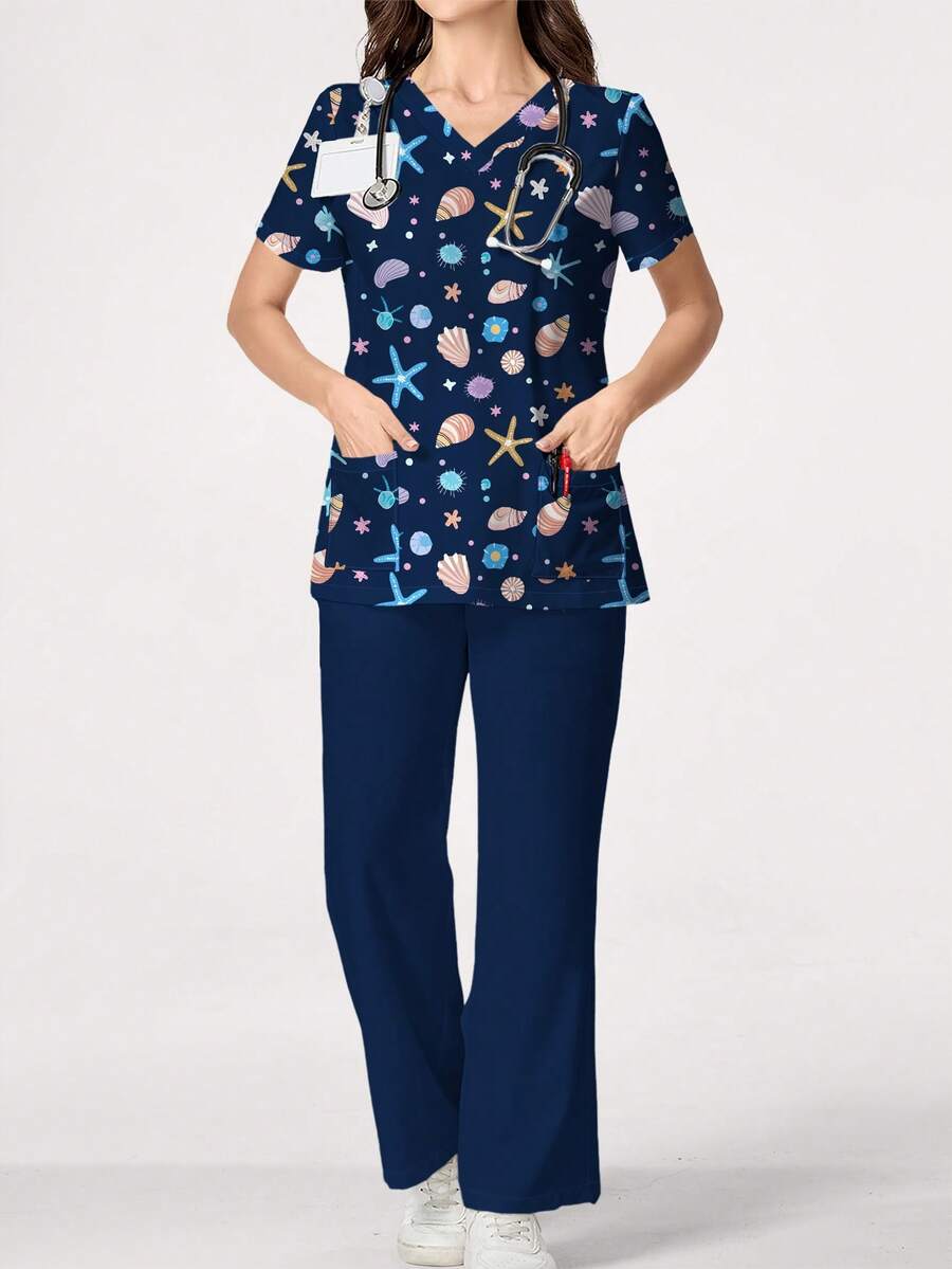 PopScrub Women's Cartoon Shell Print Casual Scrub Uniform Set, Creative Design