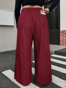 SHEIN EZwear 秋冬大码女式休闲格子阔腿裤 - 酒紅色 - 查看 2