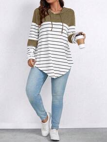 EMERY ROSE Plus Size Striped Color Block Hooded Long Sleeve T-Shirt With Drawstring Graphic Tees Women Tops For Spring - Khaki - View 5