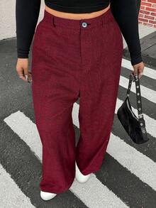 SHEIN EZwear 秋冬大码女式休闲格子阔腿裤 - 酒紅色 - 查看 3