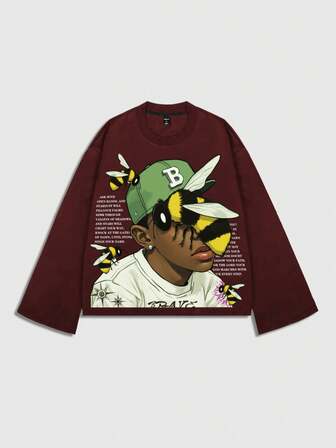 Street Life Camiseta de manga larga estampada para hombre, corte holgado y acortado