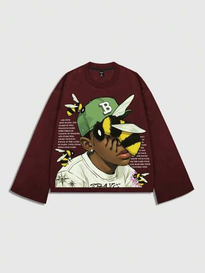 Street Life Men's Printed Long Sleeve T-Shirt, Loose Cropped Fit