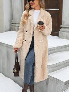 SHEIN Unity Women's Regular Fit Double-Breasted Long Coat, Suitable For Autumn/Winter - Khaki - View 3