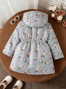 SHEIN 女童花卉印花泰迪熊内衬抽绳连帽棉服外套、保暖内衬加厚棉服外套、舒适合身拉链棉服外套 - 彩色 - 查看 2