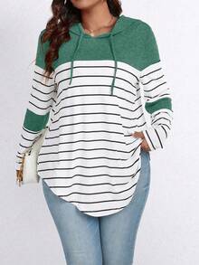 EMERY ROSE Plus Size Striped Color Block Hooded Long Sleeve T-Shirt With Drawstring Graphic Tees Women Tops For Spring - Mint Green - View 5
