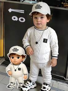 SHEIN 2pcs/Set Toddler Boys' Casual Textured Knit Colorblock Crew Neck Long Sleeve T-Shirt And Elastic Waist Pants, Children's Clothing, Infant & Toddler Outfit, Suitable For Commuting, School, Daily Casual, Travel, Sports, Parties, Autumn/Winter, 6M-3T Black And White Baby Boy Outfit Baby Boy Casual Outfit Neutral Baby Clothes Unisex  Baby Boy Autumn Winter Season Toddler Boys Clothes