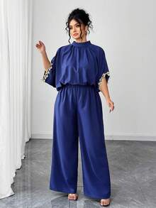 Elenzga Plus Size Women's New Fashionable Elegant Long Sleeve Gold Lace Collar Tie-Back Bow Elastic Waist Loose Wide Leg Jumpsuit, Suitable For Dates, Vacations, Holidays, Parties, Business Events, Elegant Romantic Christmas, Autumn