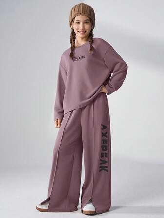 JNSQ 2pcs/Set Girls Loose Fit Crew Neck Long Sleeve Sweatshirt And Straight Leg Sweatpants, Autumn