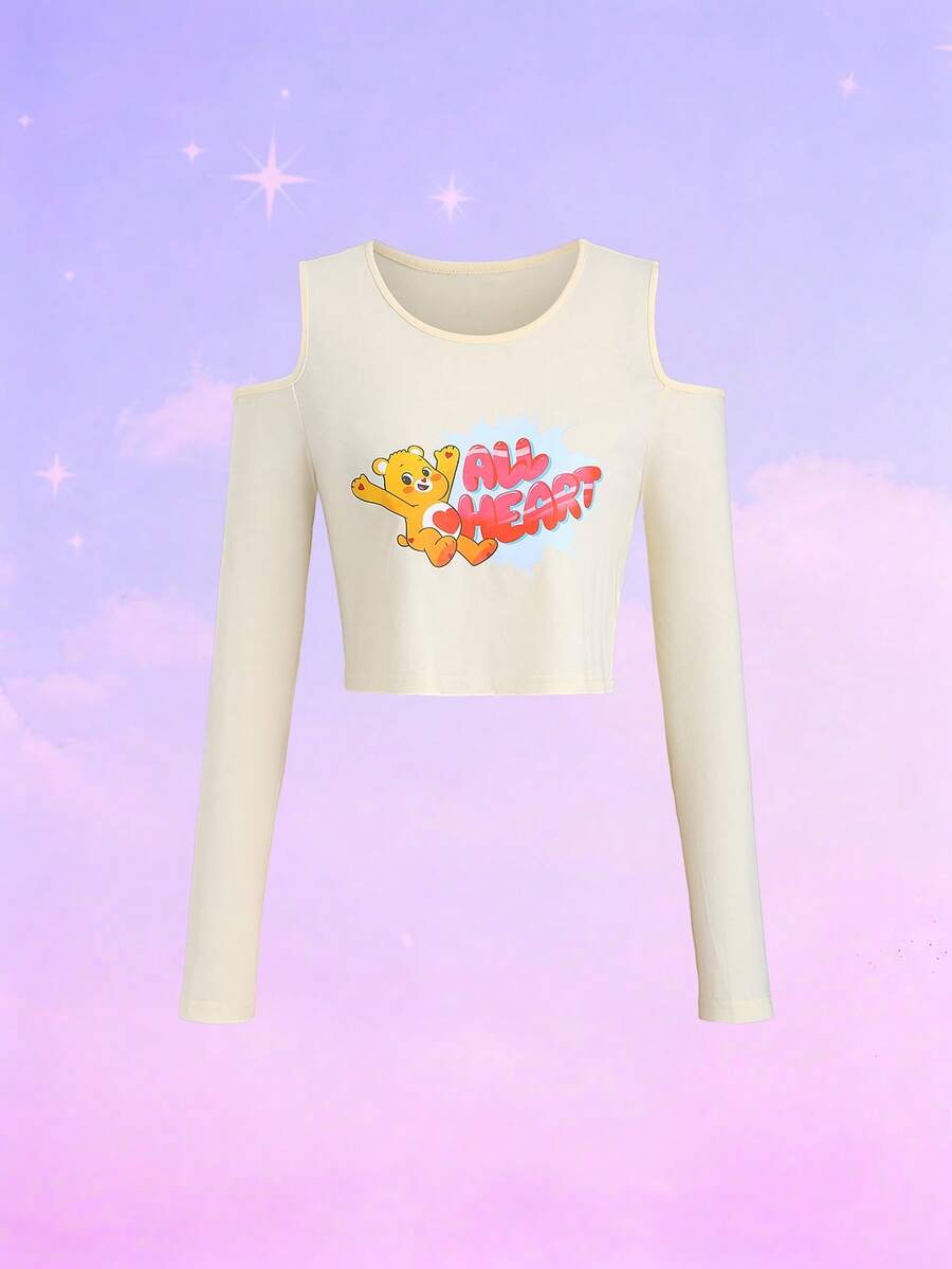 SHEIN Unity Women's Casual Cold Shoulder Long Sleeve Round Neck Cropped T-Shirt With Cartoon & Letter Graphic, Suitable For Spring/Autumn, Daily And Vacation Wear - Apricot - View 1