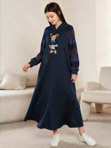 Modelyn Cute Bear Graphic Print Fashionable Hooded Plaid Raglan Long Sleeve Women's Maxi Dress, Spring/Autumn