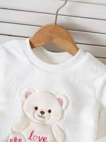Conjunto de pijamas de pelúcia para bebês meninas, 2 peças, pijama longo de manga comprida com bordado de urso xadrez rosa - Rosa - Ver 5