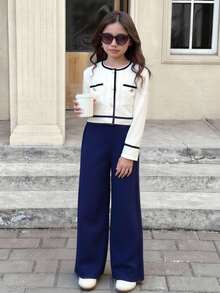 Serisse Kids Conjunto de 2 piezas de top de manga larga con cuello redondo y pantalones rectos informales para niñas preadolescentes con bloques de color, adecuado para citas, fiestas, vuelta al colegio, otoño/invierno